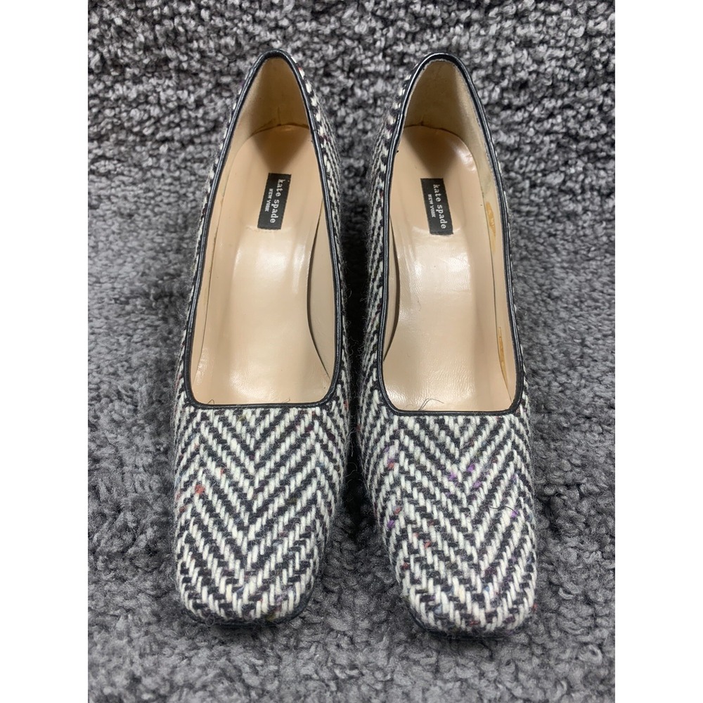 Kate Spade Black‎ White Wool Herringbone Square Toe Pumps Made In Italy  8 B